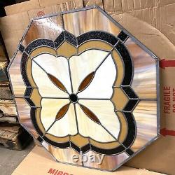 Stained Glass Octagon 34 Window Panel Geometric Design Brown Vintage MCM Retro