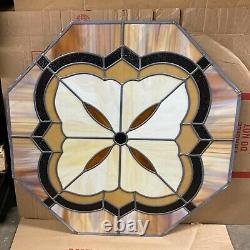 Stained Glass Octagon 34 Window Panel Geometric Design Brown Vintage MCM Retro