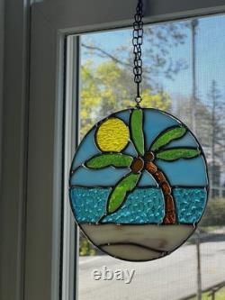 Stained Glass Palm Tree Beach Scene Suncatcher Window Panel