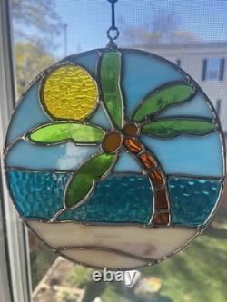 Stained Glass Palm Tree Beach Scene Suncatcher Window Panel