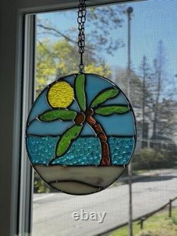 Stained Glass Palm Tree Beach Scene Suncatcher Window Panel