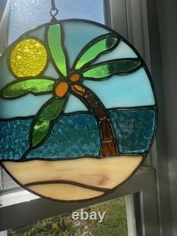 Stained Glass Palm Tree Beach Scene Suncatcher Window Panel