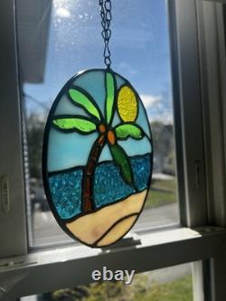 Stained Glass Palm Tree Beach Scene Suncatcher Window Panel