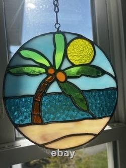 Stained Glass Palm Tree Beach Scene Suncatcher Window Panel