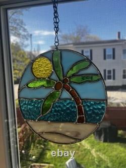 Stained Glass Palm Tree Beach Scene Suncatcher Window Panel