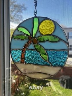 Stained Glass Palm Tree Beach Scene Suncatcher Window Panel