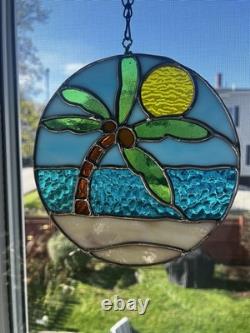Stained Glass Palm Tree Beach Scene Suncatcher Window Panel