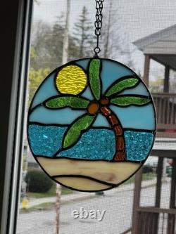Stained Glass Palm Tree Beach Scene Suncatcher Window Panel