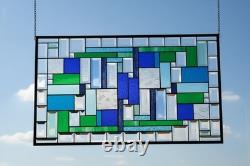 Stained Glass Panel Blue & Green Geometric Hanging Window Art