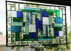 Stained Glass Panel Blue & Green Geometric Hanging Window Art Stained Glass Panel Blue & Green Geometric Hanging Window Art