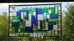 Stained Glass Panel Blue & Green Geometric Hanging Window Art