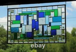 Stained Glass Panel Blue & Green Geometric Hanging Window Art