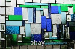 Stained Glass Panel Blue & Green Geometric Hanging Window Art