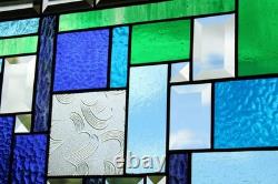 Stained Glass Panel Blue & Green Geometric Hanging Window Art Stained Glass Panel Blue & Green Geometric Hanging Window Art