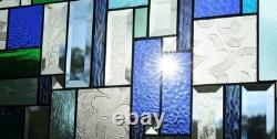 Stained Glass Panel Blue & Green Geometric Hanging Window Art