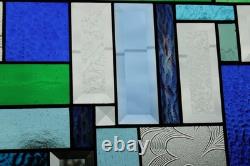 Stained Glass Panel Blue & Green Geometric Hanging Window Art Stained Glass Panel Blue & Green Geometric Hanging Window Art