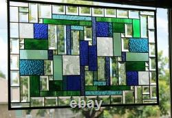 Stained Glass Panel Blue & Green Geometric Hanging Window Art