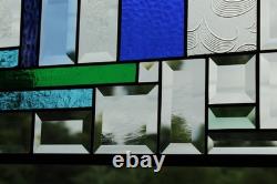 Stained Glass Panel Blue & Green Geometric Hanging Window Art