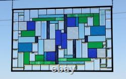 Stained Glass Panel Blue & Green Geometric Hanging Window Art