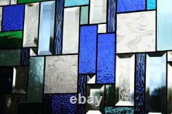 Stained Glass Panel Blue & Green Geometric Hanging Window Art