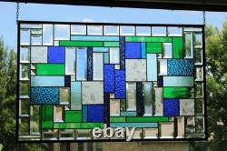 Stained Glass Panel Blue & Green Geometric Hanging Window Art