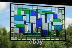 Stained Glass Panel Blue & Green Geometric Hanging Window Art