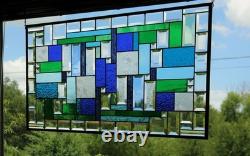 Stained Glass Panel Blue & Green Geometric Hanging Window Art