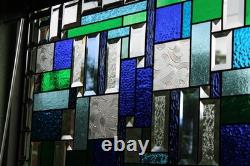 Stained Glass Panel Blue & Green Geometric Hanging Window Art