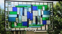Stained Glass Panel Blue & Green Geometric Hanging Window Art