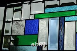 Stained Glass Panel Blue & Green Geometric Hanging Window Art