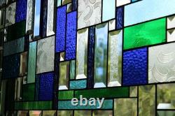 Stained Glass Panel Blue & Green Geometric Hanging Window Art