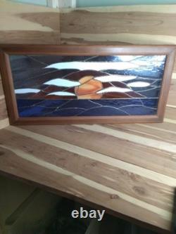 Stained Glass Panel Hand- Crafted Ocen Sunset Wood Frame
