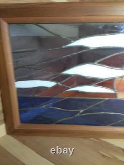 Stained Glass Panel Hand- Crafted Ocen Sunset Wood Frame