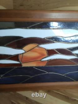Stained Glass Panel Hand- Crafted Ocen Sunset Wood Frame