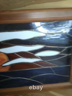 Stained Glass Panel Hand- Crafted Ocen Sunset Wood Frame