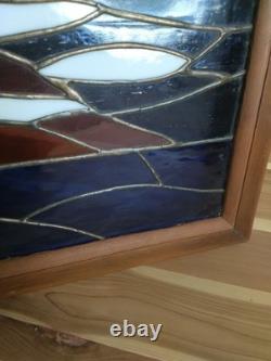 Stained Glass Panel Hand- Crafted Ocen Sunset Wood Frame