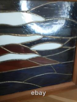 Stained Glass Panel Hand- Crafted Ocen Sunset Wood Frame