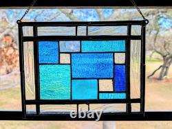 Stained Glass Panel, Modern Geometric Panel with Blue Hues, 11W By 9H