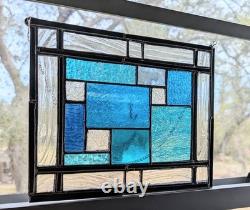 Stained Glass Panel, Modern Geometric Panel with Blue Hues, 11W By 9H