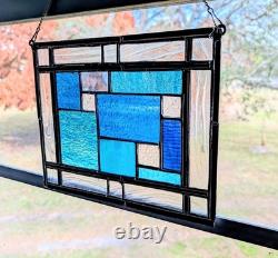 Stained Glass Panel, Modern Geometric Panel with Blue Hues, 11W By 9H