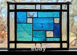 Stained Glass Panel, Modern Geometric Panel with Blue Hues, 11W By 9H