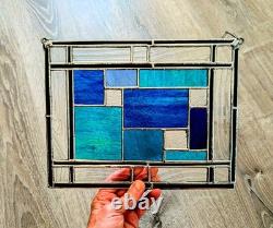 Stained Glass Panel, Modern Geometric Panel with Blue Hues, 11W By 9H