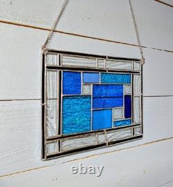 Stained Glass Panel, Modern Geometric Panel with Blue Hues, 11W By 9H