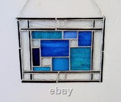 Stained Glass Panel, Modern Geometric Panel with Blue Hues, 11W By 9H