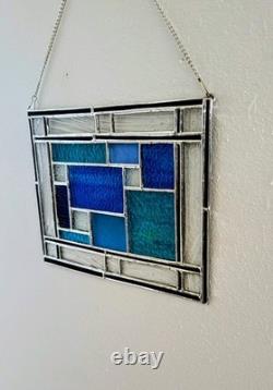 Stained Glass Panel, Modern Geometric Panel with Blue Hues, 11W By 9H