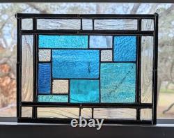 Stained Glass Panel, Modern Geometric Panel with Blue Hues, 11W By 9H