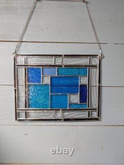 Stained Glass Panel, Modern Geometric Panel with Blue Hues, 11W By 9H
