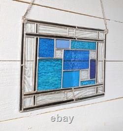 Stained Glass Panel, Modern Geometric Panel with Blue Hues, 11W By 9H