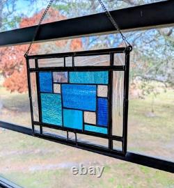 Stained Glass Panel, Modern Geometric Panel with Blue Hues, 11W By 9H