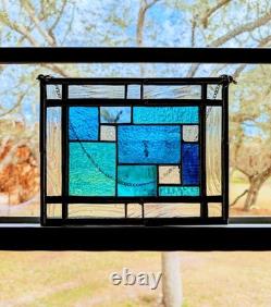 Stained Glass Panel, Modern Geometric Panel with Blue Hues, 11W By 9H